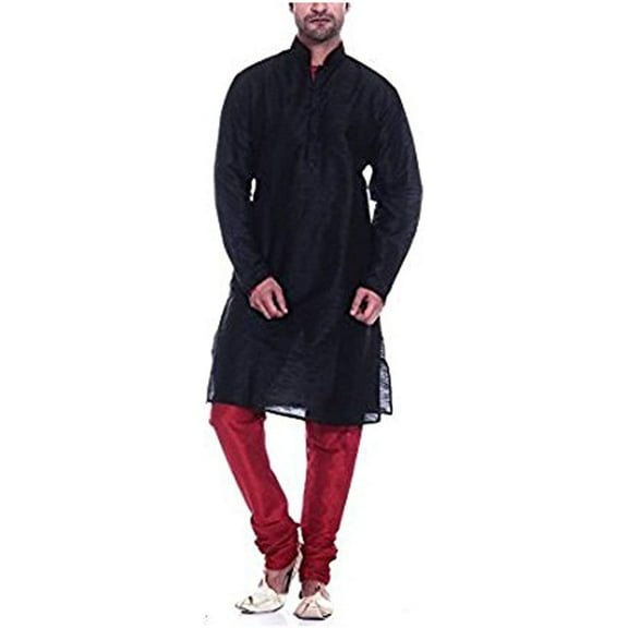 Royal Kurta Men's Dupion Silk Contrast Piping Kurta Churidar Black