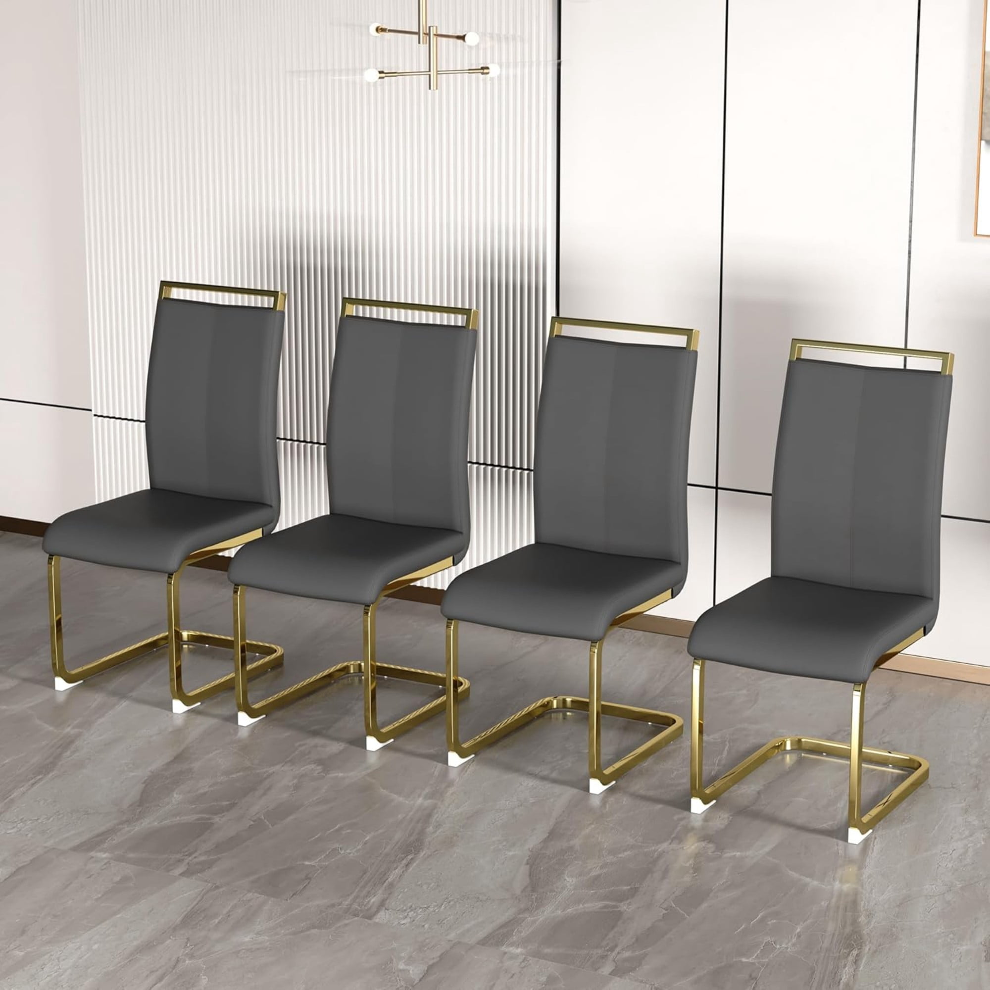 SUDICA Set of 4 Gray Faux Leather Dining Chairs, High Back Design with Gold Metal Legs for Dining Room