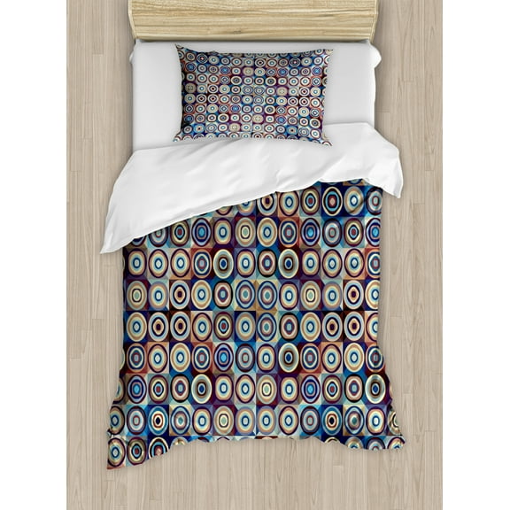 Ambesonne Geometric Duvet Cover Set, Ring Formed Circles, Twin, Royal Blue Umber
