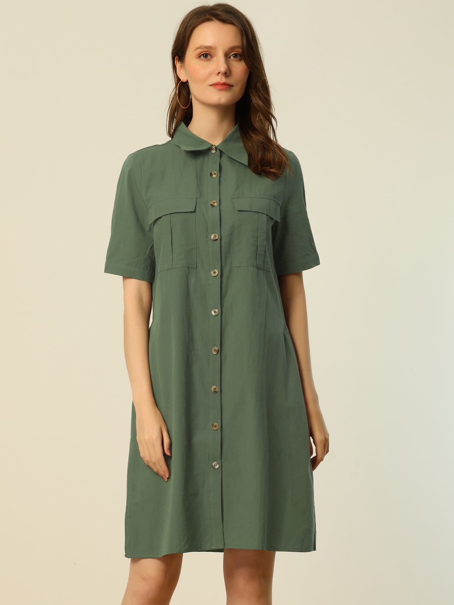 DARING DIVA Collared Short Sleeve Pocket Belt Button up Shirt Dress 3XL Army Green