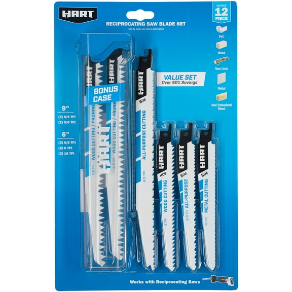 HART 12 Piece Multi-Purpose Reciprocating Saw Blade Set with Bonus Case