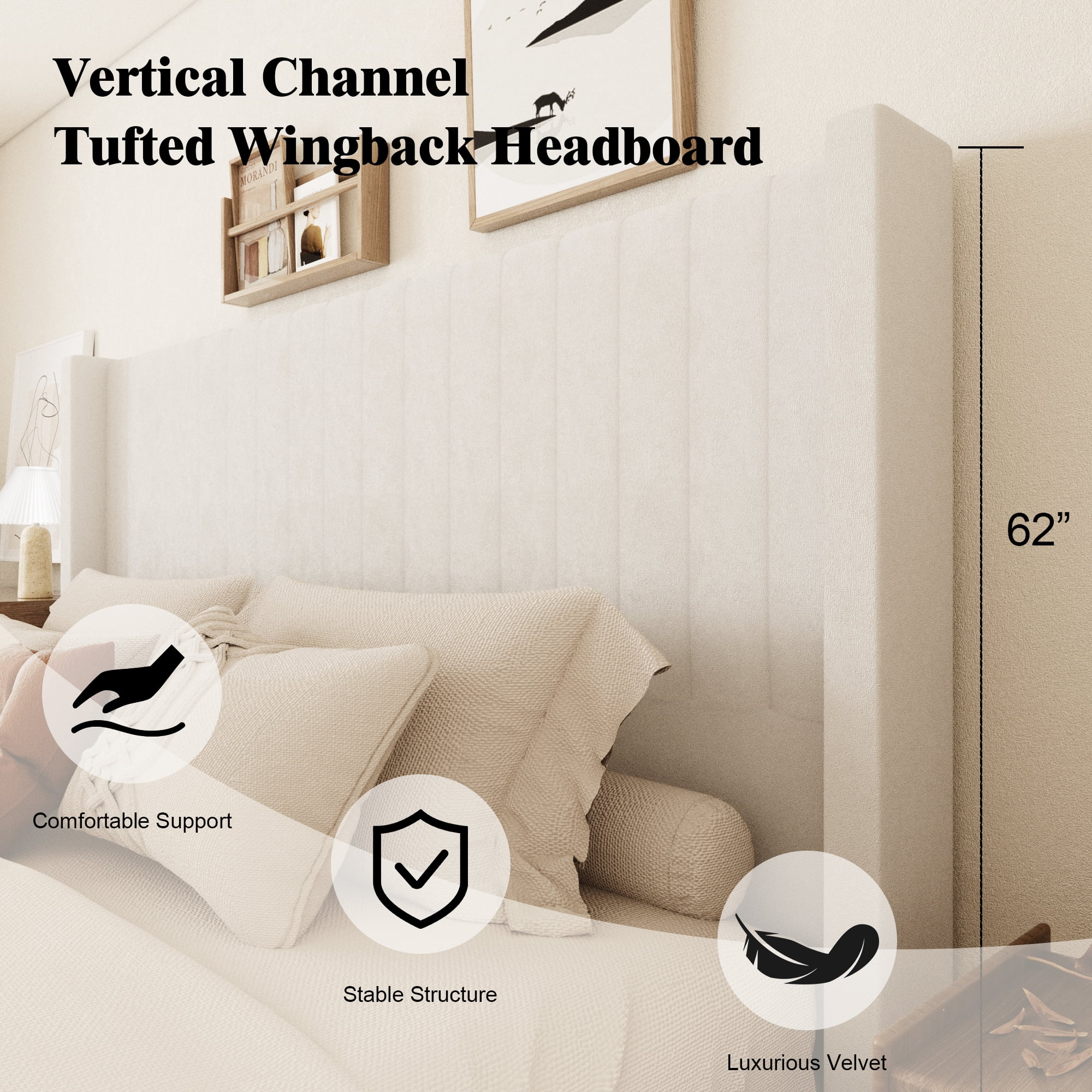 King Size Bed Frame, Upholstered Platform Bed with 62" Tall Headboard & Footboard, Soft Velvet Fabricbed Bed, Easy Assembly, Beige