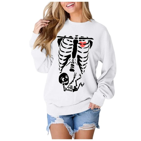 KHONTS Women Skeleton Sweatshirt Halloween Maternity Sweatshirts Crewneck Pullover Tops Pregnancy Announcement Tee Tops White XL