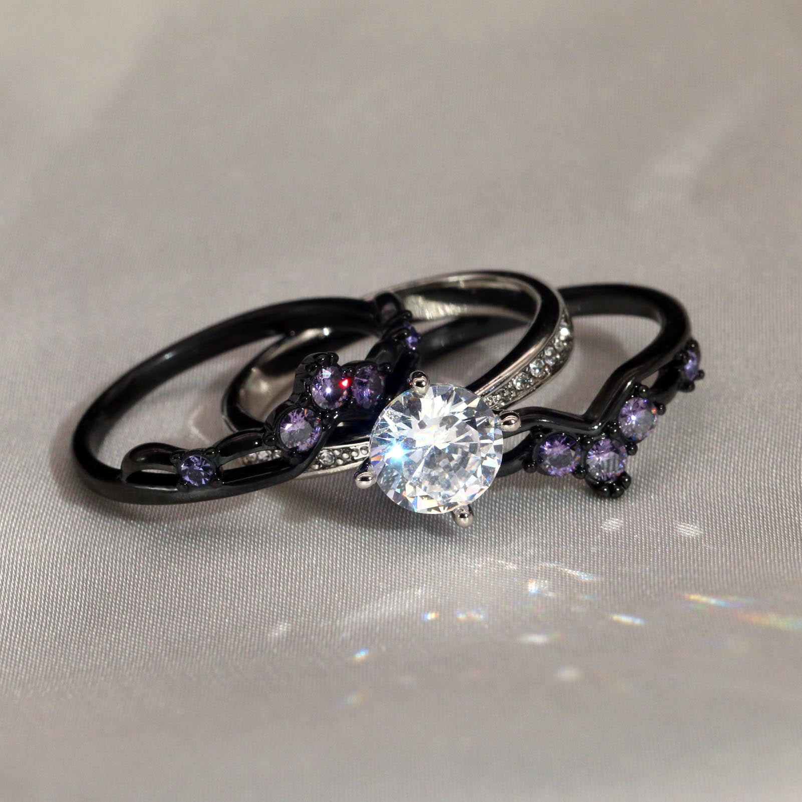 【BLACKPURPLE】[BLACKLABEL] Felix Big Cubic Ring GY Black Gold Plated Purple 1CT CZ Women Wedding Ring Sets