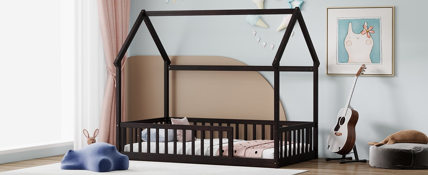 Twin Size House Floor Bed with Roof Frame, Pine Wood Floor Bed with Safety Guardrails, Espresso