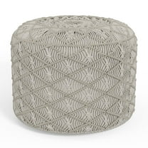 Simpli Home Coates Round Macrame Pouf in Cloud Gray Cotton