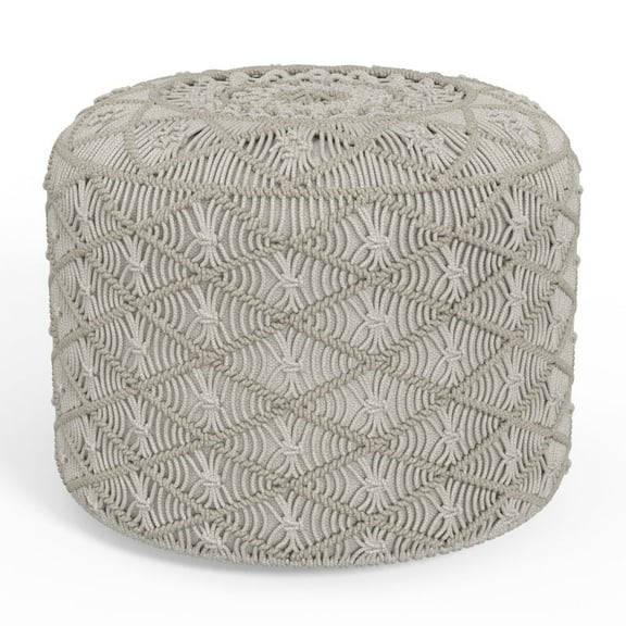 Simpli Home Coates Round Macrame Pouf in Cloud Gray Cotton