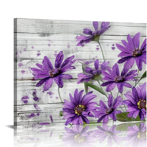 JEUXUS Vintage Style Purple Daisy Flower With Wood Grain Wall Art Flower Picture Canvas Posters Print Modern Floral Artwork Framed For Living Room Bathroom Bedroom Wall Painting Home Decor