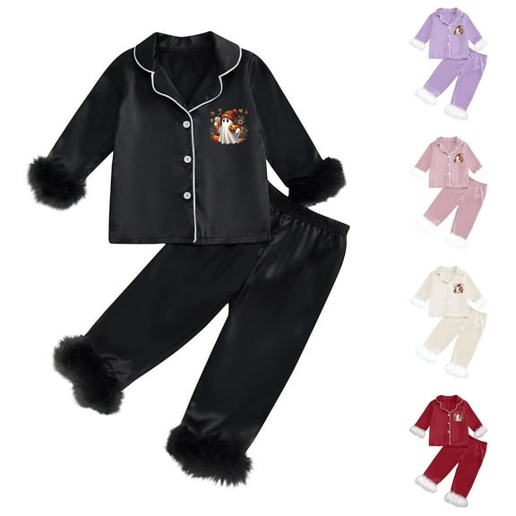 Gelikeya Boys Girls Halloween Pajamas Size 2-14 Years Cute Cartoon Button Down Shirts Pants 2PC Outfit Sets (Black, 8-9 Years)
