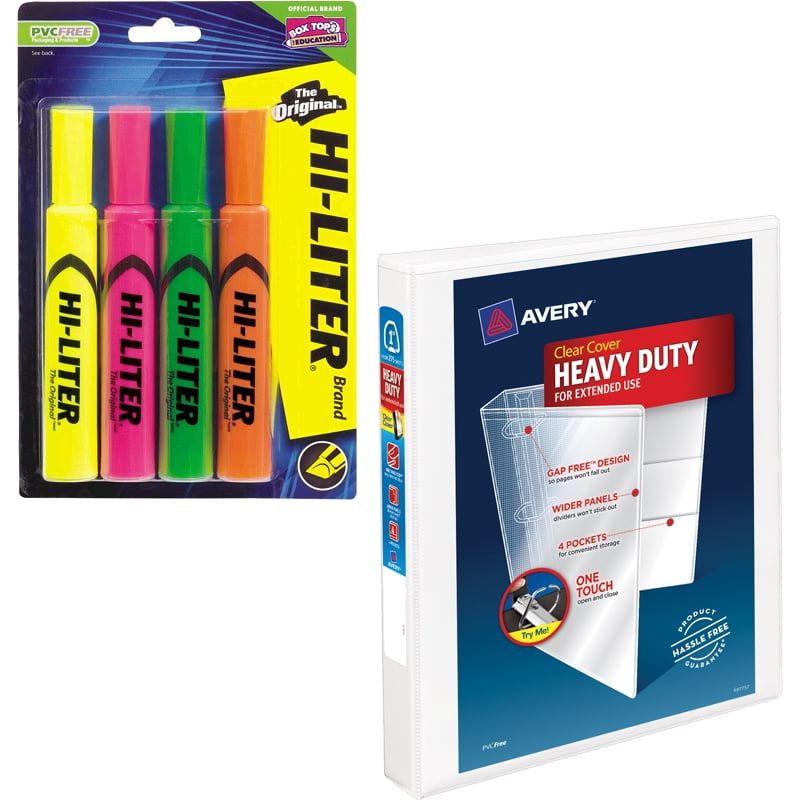 Avery 1" Heavy Duty Clear Cover Binder, White and Avery Desk Style Hi-Liter, Assorted Colors, 4 pack Bundle