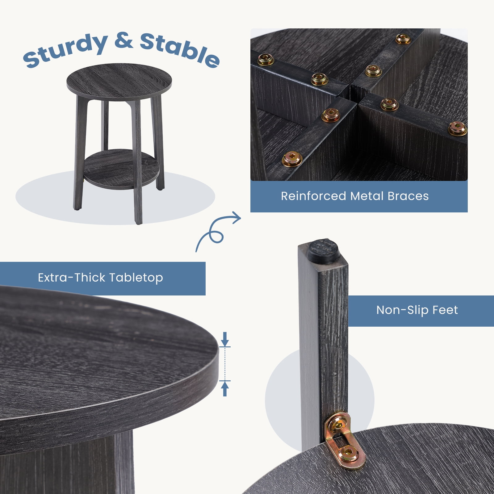 CONCETTA Set of 2 Round 2-Tier Bedside Nightstand, Side End Tables with Tapered Legs, Gray