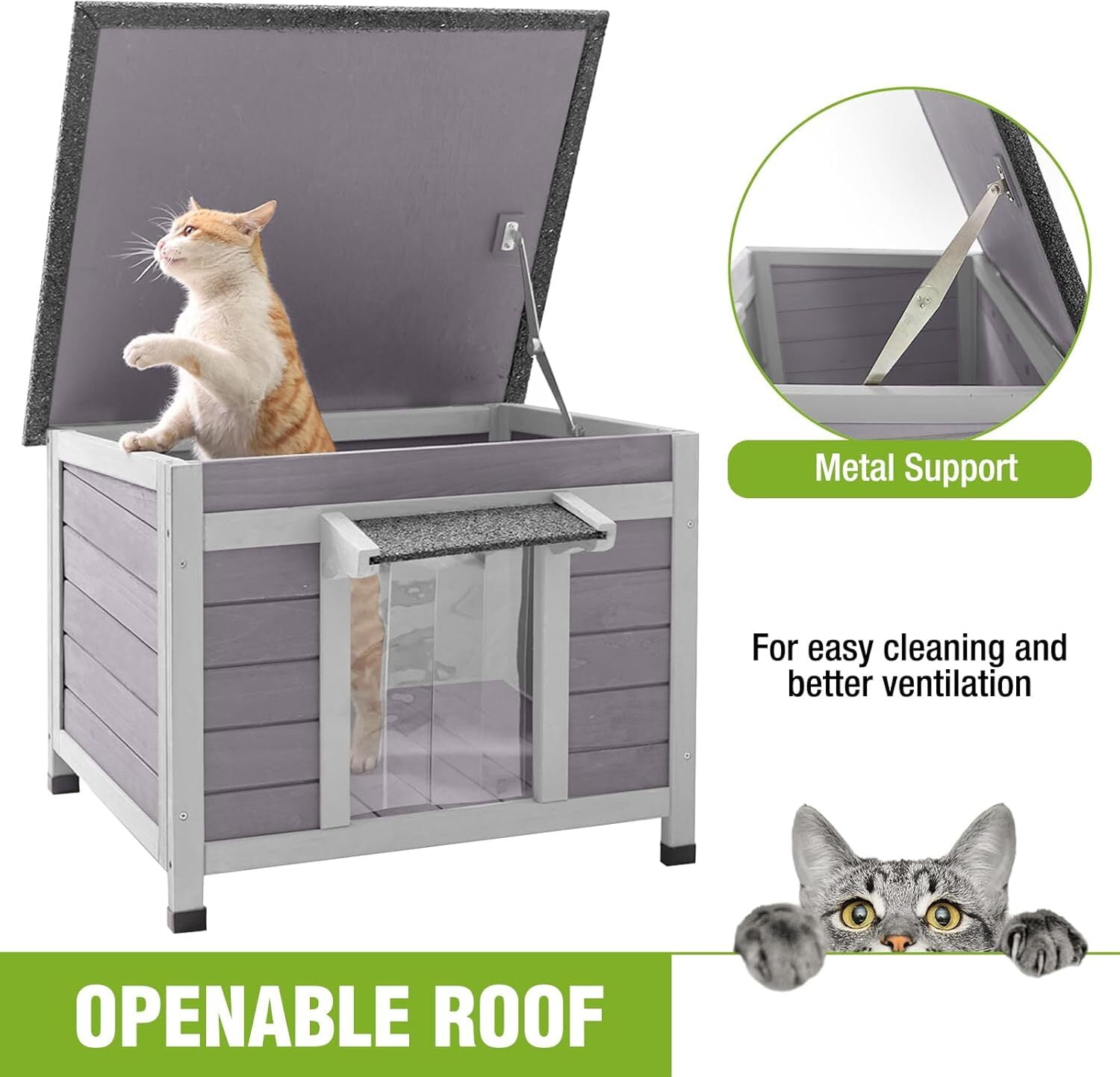 Aivituvin Outdoor Cat House Waterproof Cat Shelter, Wooden Feral Cat House Outside with Openable Top and Removable Floor Gray