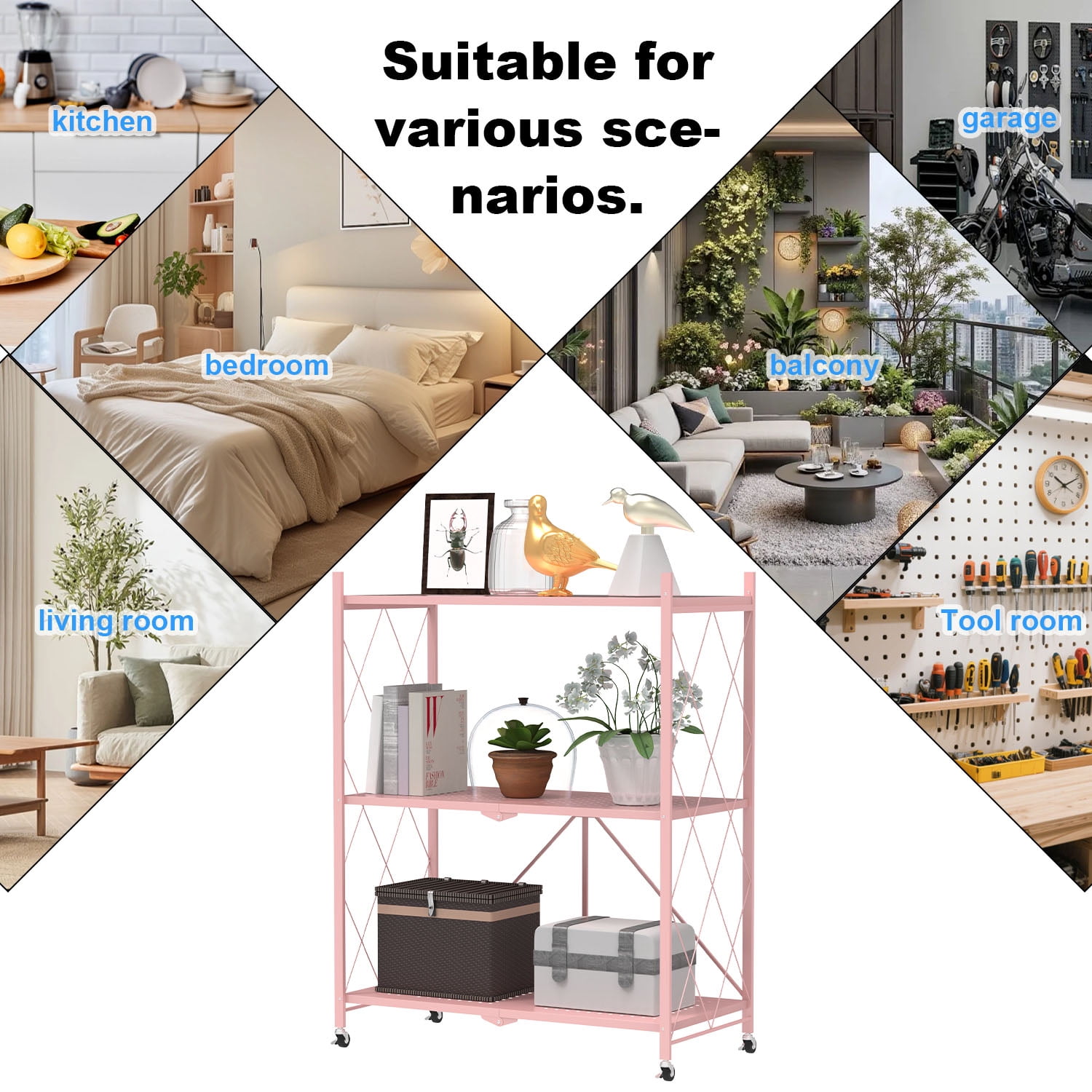3 Tier Foldable Shelf with Wheels, Portable Carbon Steel No Assembly Organizer, Collapsible Rolling Standing Utility Storage Rack for Kitchen Pantry Office, Pink