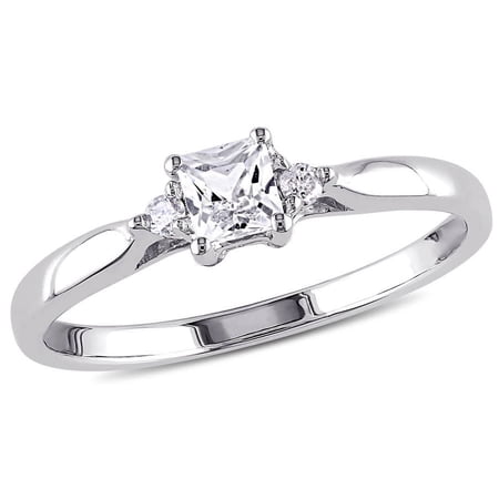 AMOUR Princess Cut Created White Sapphire and Diamond Accent Ring In Sterling Silver
