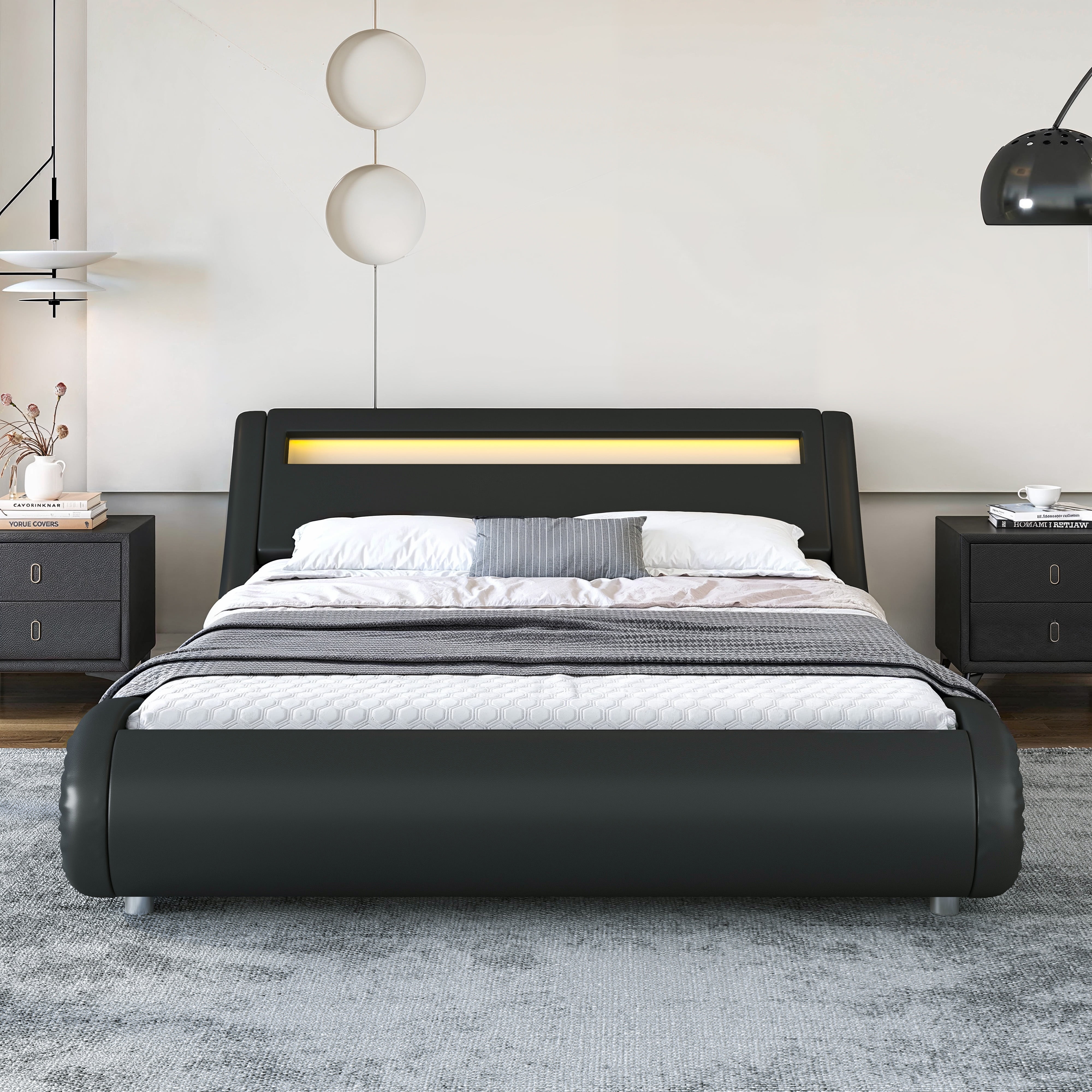 Sha Cerlin Full Size Wave-Like Curve PU Leather Platform Bed Frame with Adjustable Headboard and LED Lights, Black