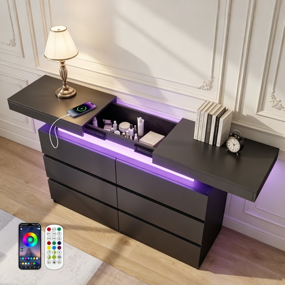 Black 6 Drawer Dresser for Bedroom with Hidden Sliding Desktop, Power Outlet & LED Light,Modern Chests of Drawers for Closet, Bedroom, Living Room,Entryway, Hallway