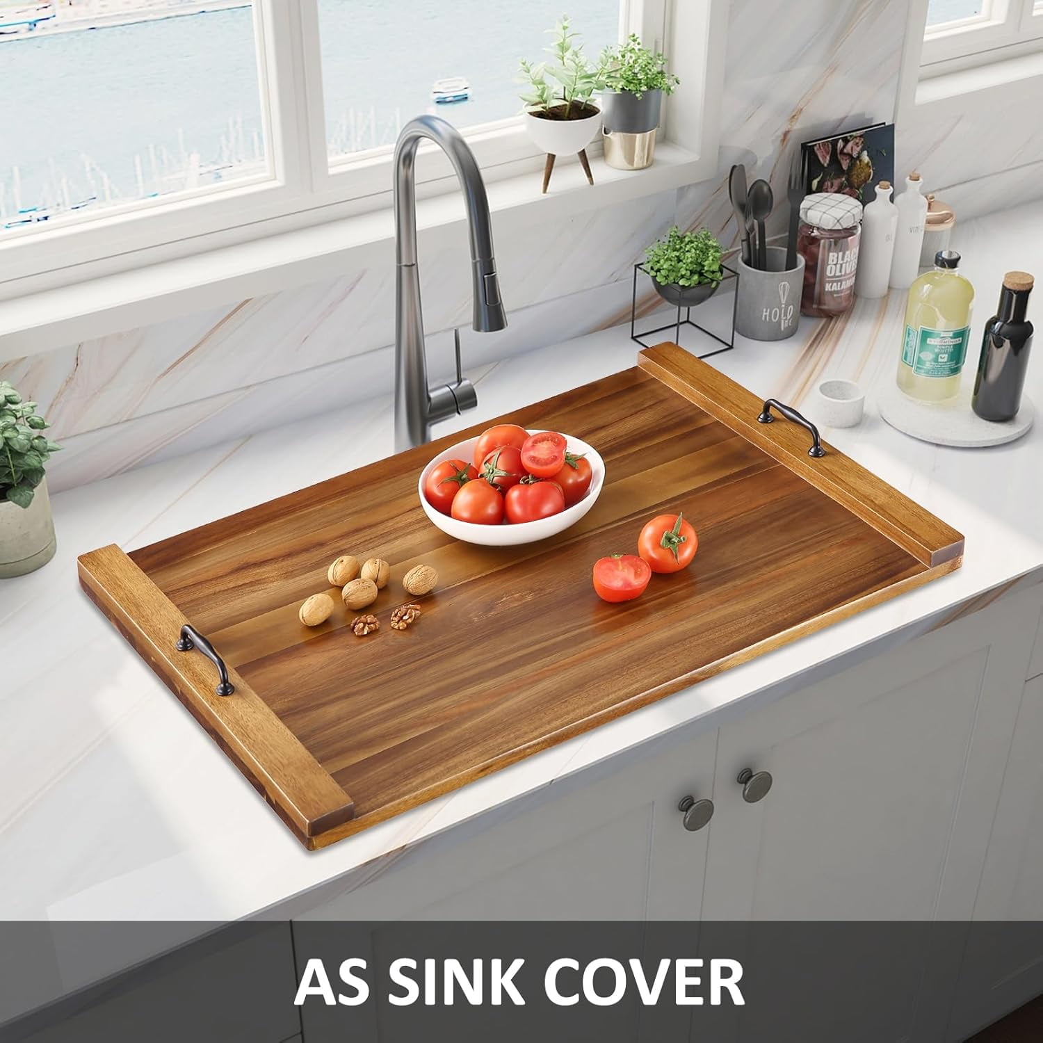 Acacia Noodle Board Stove Cover Wood with Handles for Gas/Electric Stove Top, 30" x 22" Extra Thick Wood Stove Top Covers, Kitchen Sink Cover Cutting Board, Decorative Serving Tray