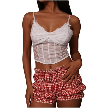 Lenpel Women s Plaid Mini Shorts Cotton Linen Low Rise Ruffle Layered Boxer Lounge Shorts Casual Summer Shorts 2025