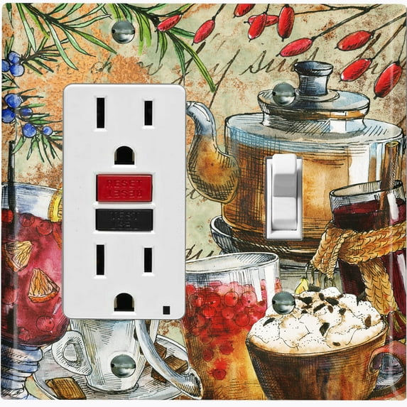 Metal Light Switch Wall Plate Outlet Cover (Coffee Tea Party Kettle Mocha Drinks - Single Rocker Single Toggle)