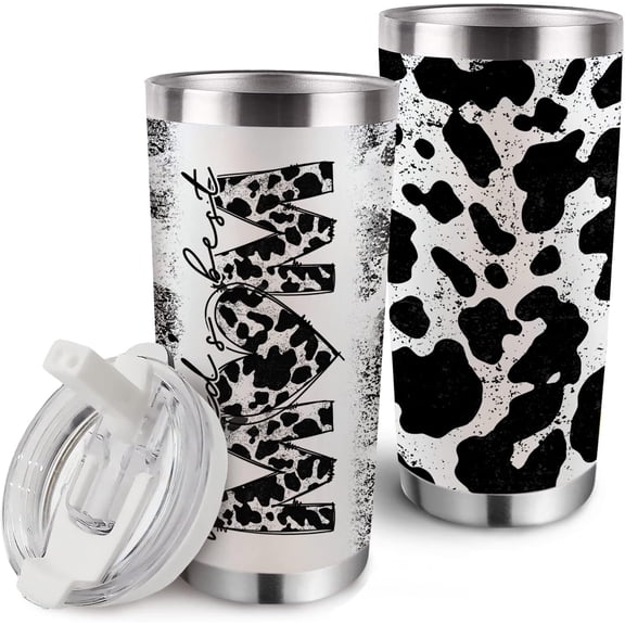 Best Mom Insulated Vacuum Tumbler with Lid, Mother''s Day Birthday Gifts for Mom Women Grandma, Cow Print Stainless Steel Double Wall Cup, 20 oz Travel Detachable Straw Mug