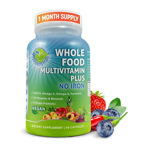 Vegan Whole Food Multivitamin (no Iron) for Women & Men's Optimal Support, Supplements Studio, 90Ct