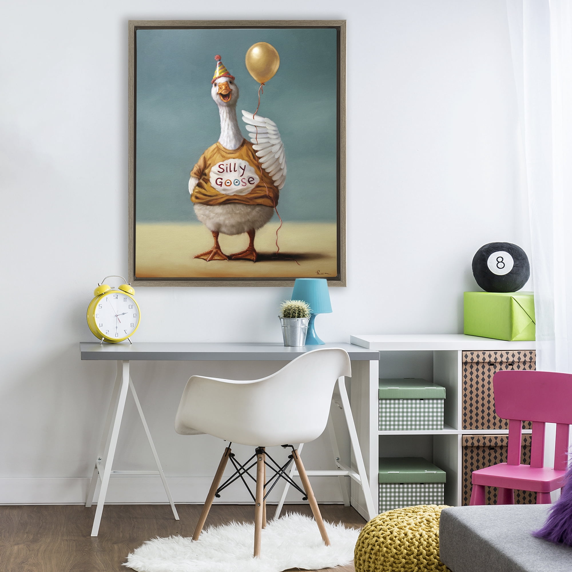 Stupell Industries Silly Goose with Balloon Brown Framed Floater Canvas Wall Art, design by Lucia Heffernan