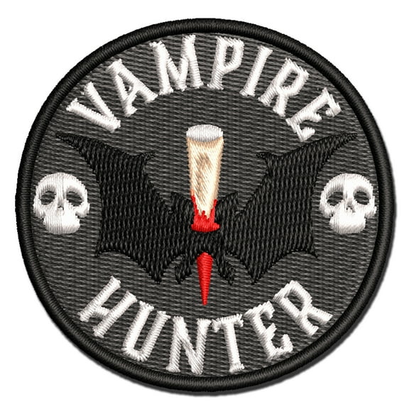 Vampire Hunter with Stake and skulls Applique Multi-Color Embroidered Iron-On Patch - 2.5 Inch Small