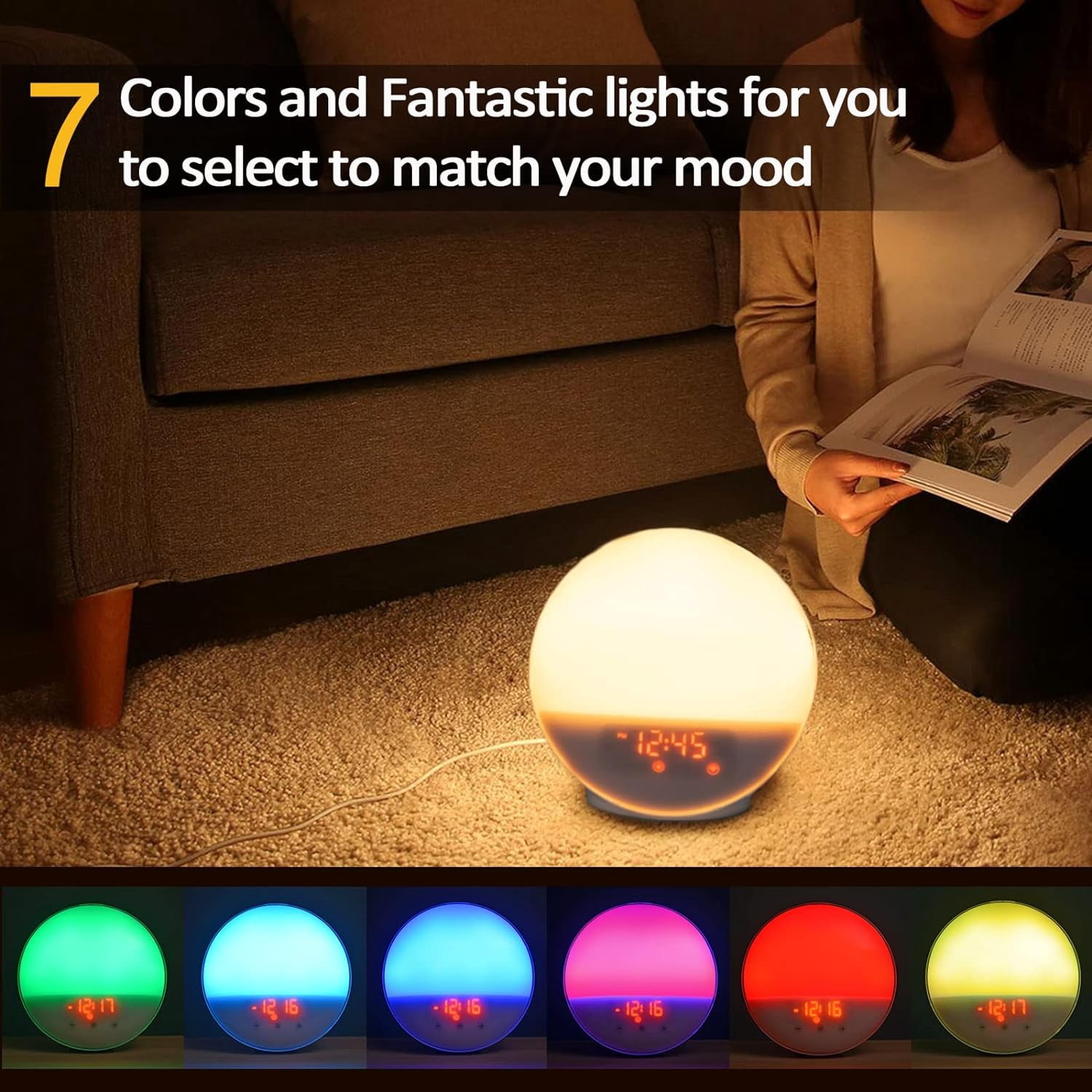 Wake Up Light Sunrise Alarm Clock for Kids & Heavy Sleepers, w/ Sunrise Simulation, Sleep Aid, Dual Alarms, Snooze, Colorful Lights