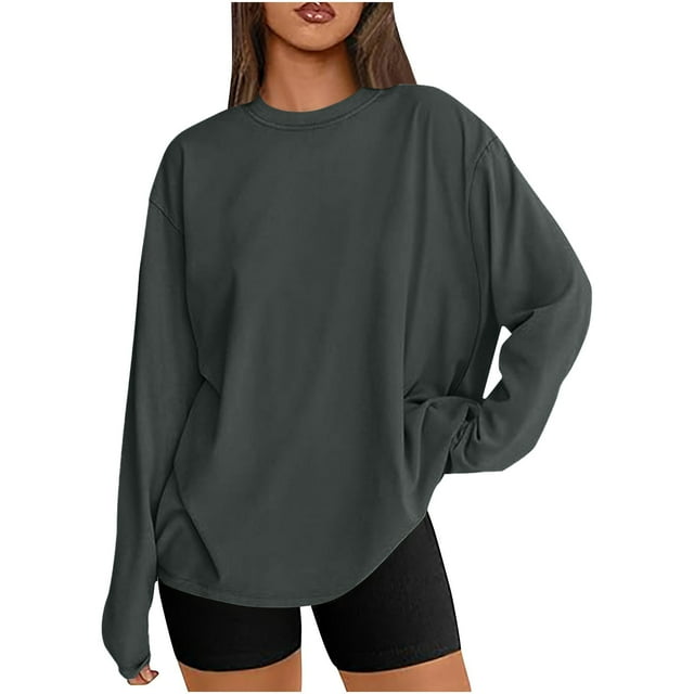T-shirts Surdimensionnés pour Femmes Manches Longues Col Rond Chemise Décontractée Ample Tunique Couleur Unie Automne Basiques