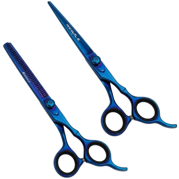 Professional Barber Shears Set 7 Inch - Japanese Steel Hair Cutting & Thinning Scissors – Titanium Blue Finish Salon Scissors Kit with Ergonomic Handle