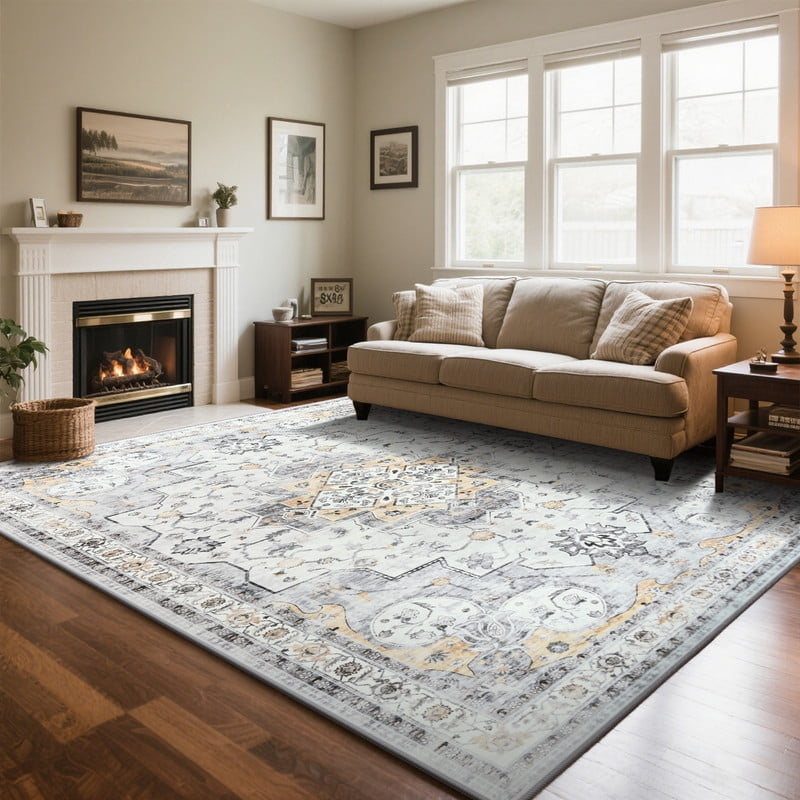 TWINNIS 8'x10'Area Rugs for Living Room Washable Rugs Boho Area Rug Non-Slip Carpet,Yellow Gray