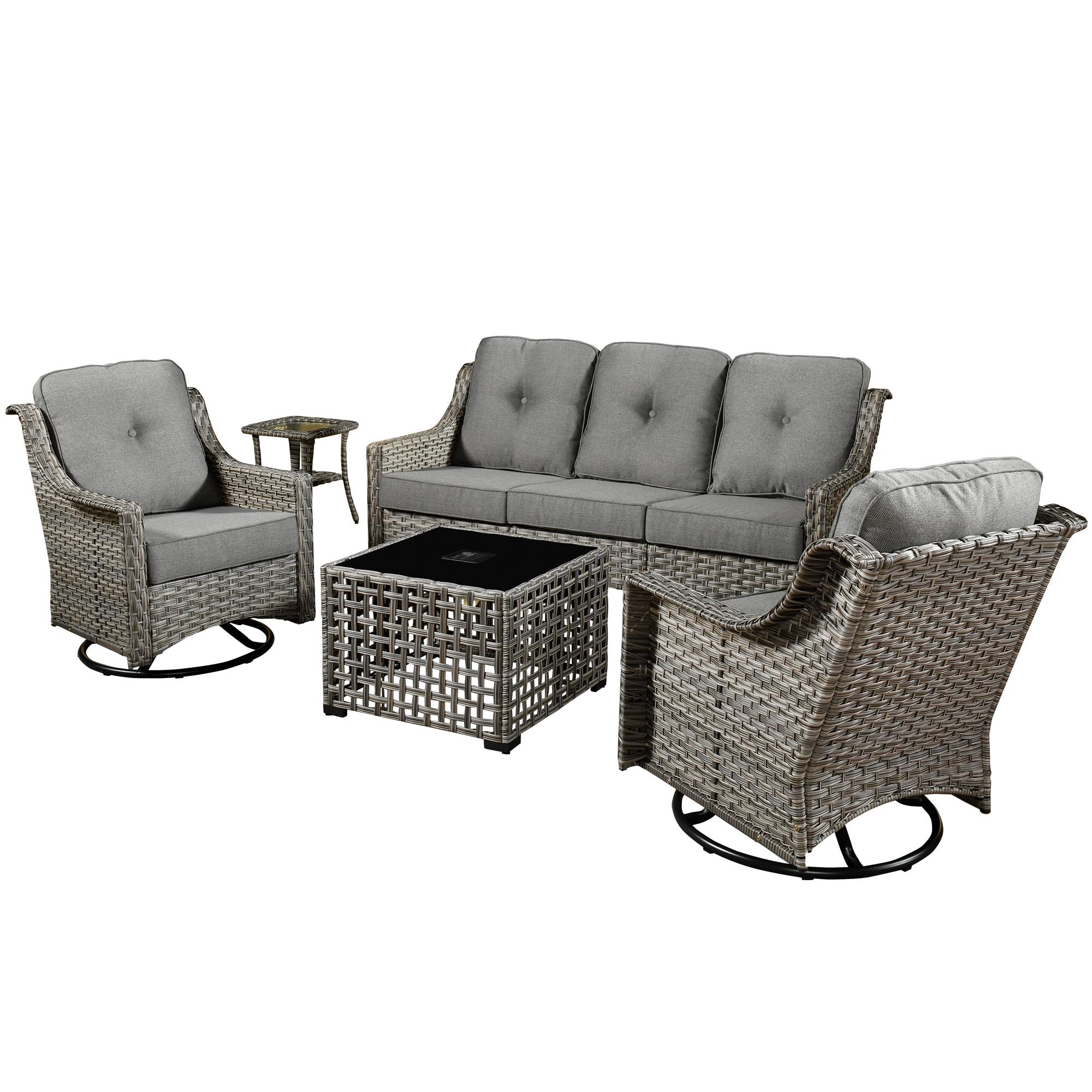 Ovios 5 Pieces Outdoor Patio Furniture Set High-Back Rattan Wicker Conversation Set Outdoor Sectional with Swivel Chairs & Solar Light Coffee Table, Dark Grey