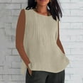 thumbnail image 2 of Womens Cotton Linen Sleeveless Tops,Solid Color Pleated Crewneck Tank, Plus Size Summer Shirts with Side Slit Mock Neck Tank Tops for Women Beige 4XL, 2 of 5
