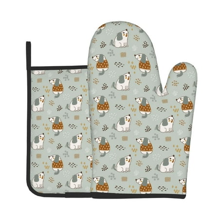

Junzan Little Puppies Pattern Oven Mitts and Pot Holders 2 pcs Set Potholders BBQ Gloves Long Kitchen Oven Glove for Cooking Baking Grilling (2-Piece Set 11 Inch)