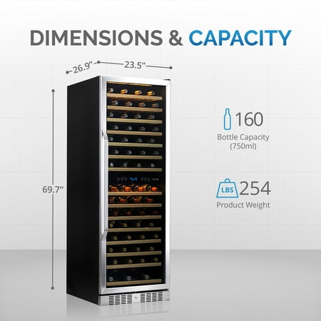 NewAir - 160-Bottle Dual Zone Built-in Wine Fridge with Beech Wood Shelves and Quiet Operation - Stainless Steel