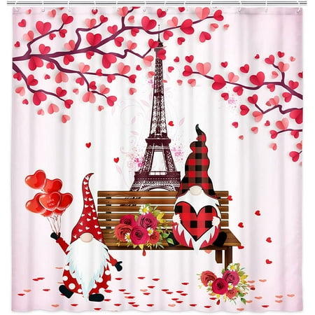 Joyweivalentine S Day Shower Curtain Gnome With Heart Tree And Eiffel Tower Liner For Bathroom Fabric Sets Hooks 69x70inches Canada Eiffel Tower Shower Curtain Liner, Red Eiffel Tower Shower Curtain Hooks