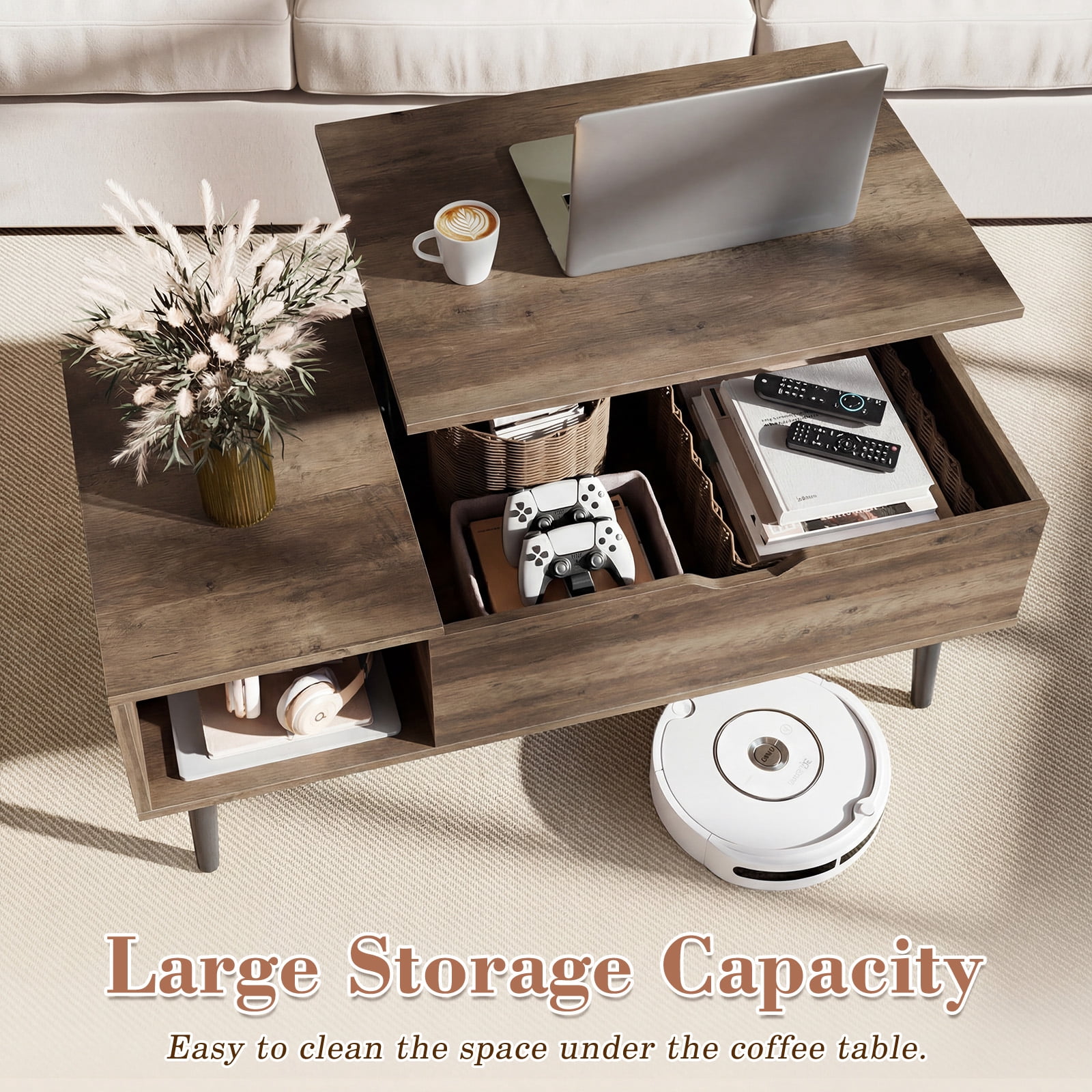 CONCETTA Lift Top Coffee Table with Storage, Small Living Room Table with Adjustable Shelf and Storage Compartment,White Gray