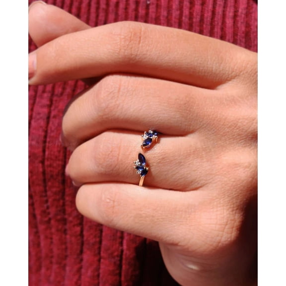 2CT Blue Sapphire 925 Silver Open Curved Engagement Ring 14k Yellow Gold Plated