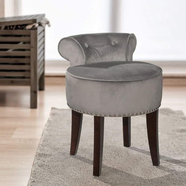 Upholstered Vanity Stool Gray Velvet, Upholstered Vanity Chair With Skirt