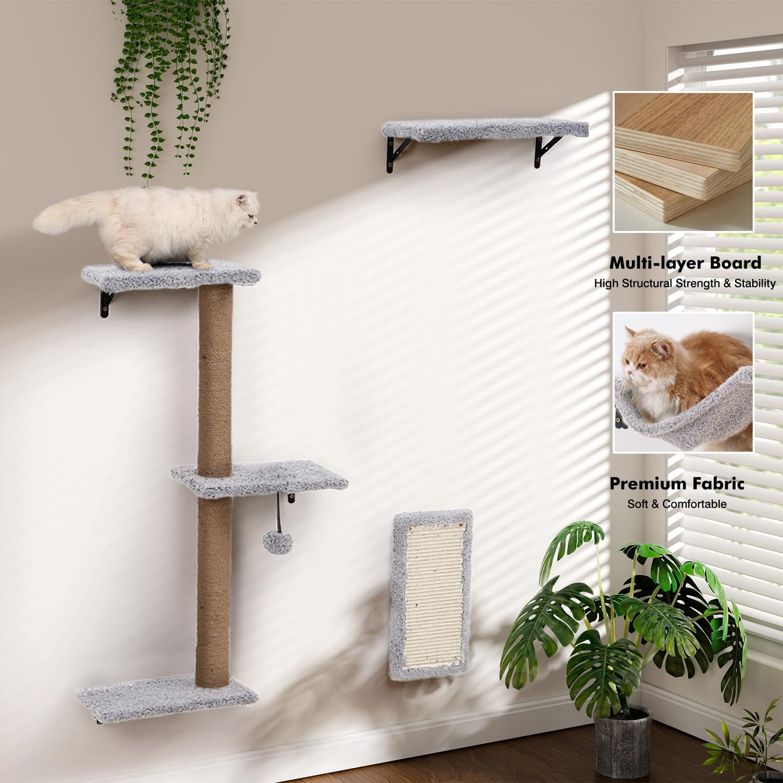 5-in-1 Cat Wall Shelves  Multi-level Climbing Furniture Perch & Lounge For Indoor Cats Space-saving Mounted Play Rest (natural Wood) - Light Gray