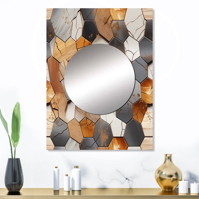 Designart "Hexagon Rustic Mosaic I" Geometric Mirror Wall Decor - Modern Brown Geometric Large Printed Mirror Wall Decor For Bedroom - 32" x 24" Inch