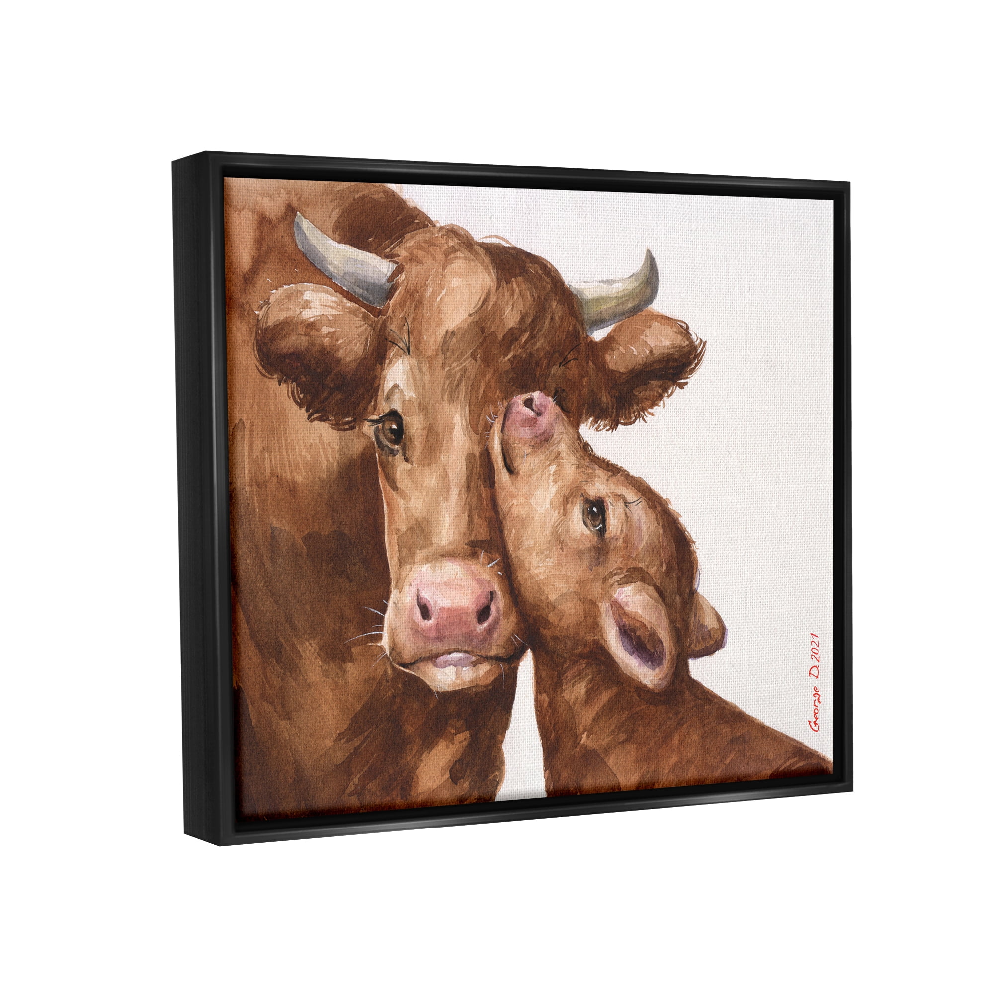 Stupell Industries Compassionate Cattle Mother & Baby Cuddle Rural Farmland Painting Jet Black Floating Framed Canvas Print Wall Art, Design by George Dyachenko
