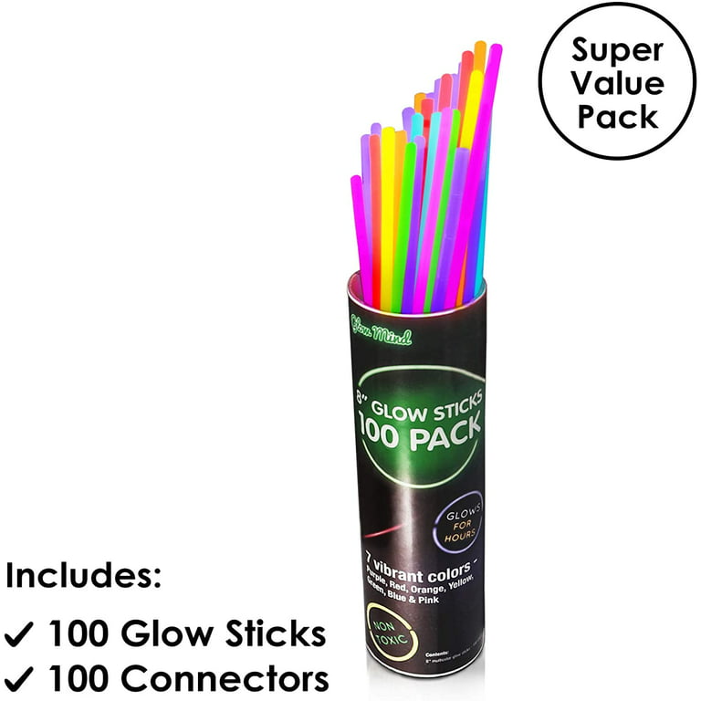 100 Glow Mind Glow Sticks Glow in The Dark Fun Party Pack with 8