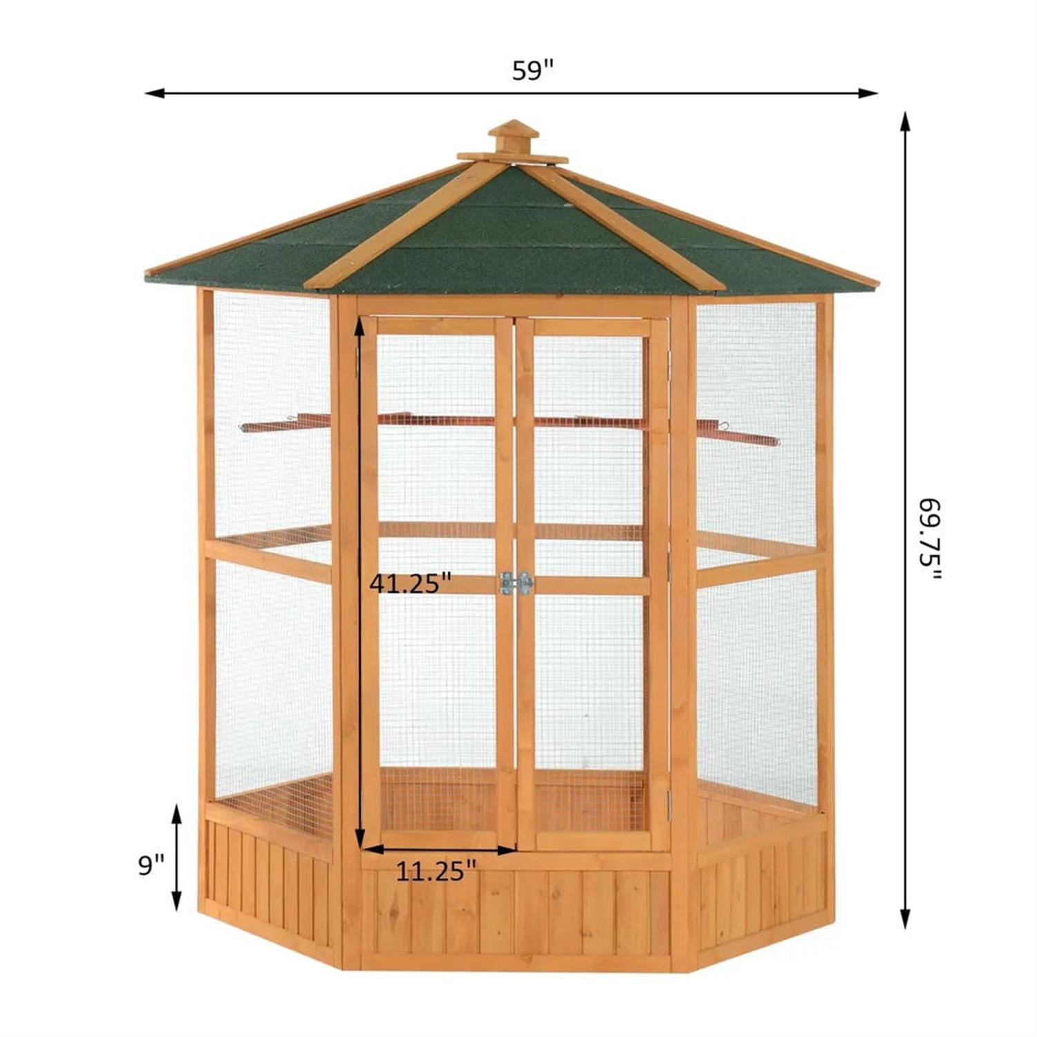 resenkos 69" Height Wooden Outdoor Flight Bird Cage Aviary with Covered Roof for Parrots Conures Lovebird Cockatiel Parakeets, Brown