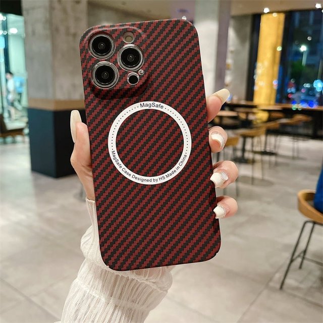 Magnetic Carbon Fiber Texture Fine Hole Camera Protection Phone Case For iPhone 16 15 14 Plus 13 12 11 Pro Max Shockproof Cover red For iPhone 13