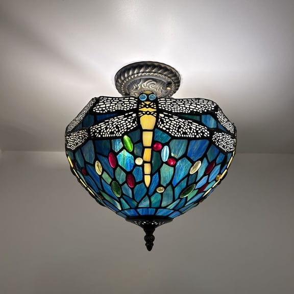 Enjoy Decor Lamps Tiffany 12-Inch 2-Light Bronze Ceiling Light with Stained Glass Bowl