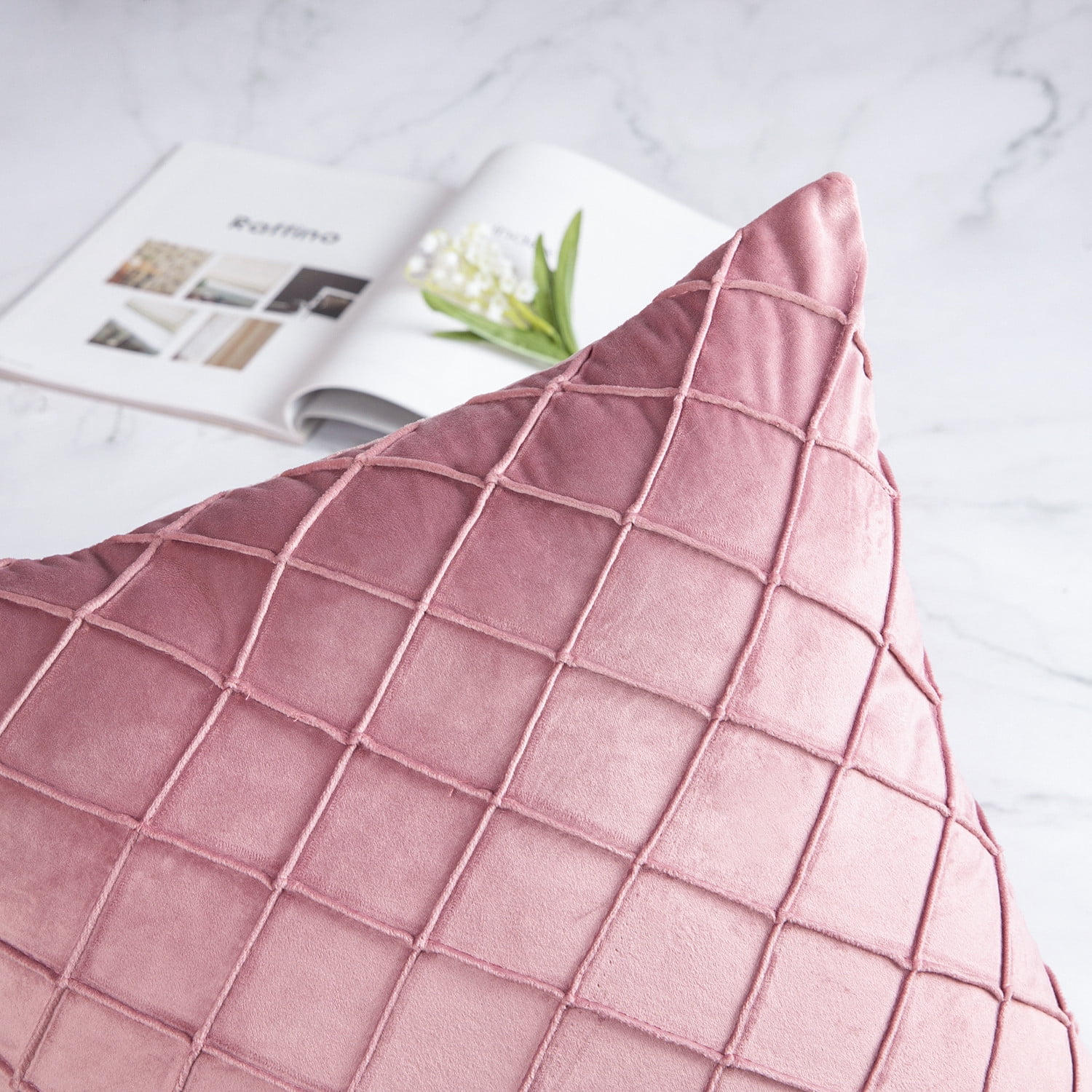 Phantoscope 18"x18" Velvet Pleated Checker Decorative Pillow, Pink