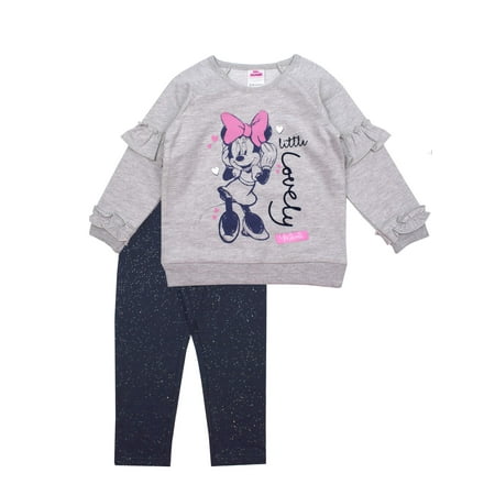 Minnie Mouse Long Sleeve Ruffle French Terry Top and Printed Leggings, 2pc Outfit Set (Toddler Girls)