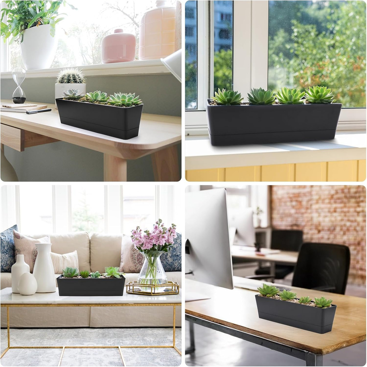 1 Pc Black Rectangle Window Boxes Yahome Herb Planters with Tray Indoor Succulent Cactus Mint Plastic Pot Flower Planter Box for Garden Balcony Office Indoor Outdoor Decoration(12 x 3.8in)