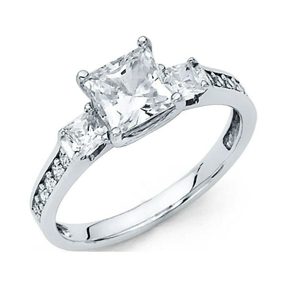 14k White Gold Three Stone Princess CZ Engagement Ring Anniversary Square CZ Band Side Stones Size 7